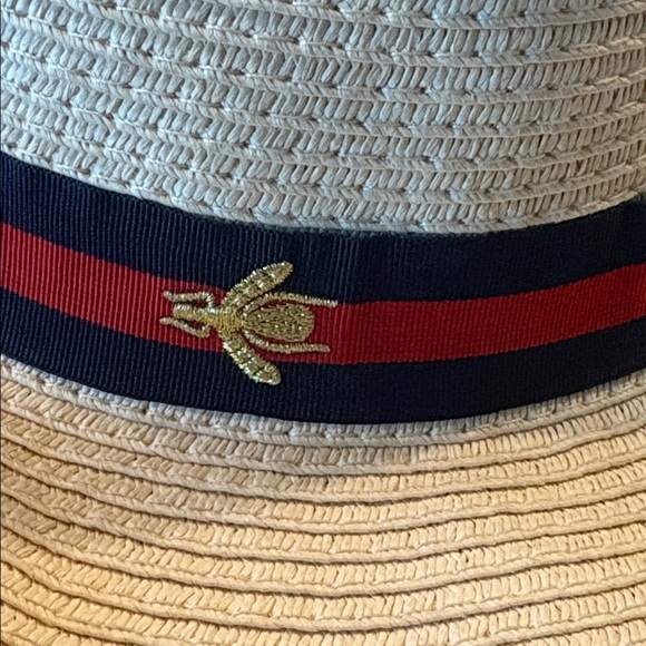 Authentic Gucci Bee-Embellished Woven Panama Hat with striped ribbon band UNISEX - Picture 4 of 7